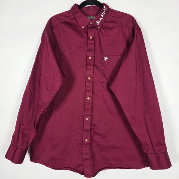 Ariat Embroidered Western Twill 100% Cotton Mens XL Long Sleeve Red Button Shirt - Picture 1 of 7